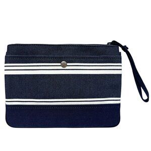 LANDS END Canvas Bag Navy Blue Stripe Wristlet Cosmetic Case Zip Top Clutch